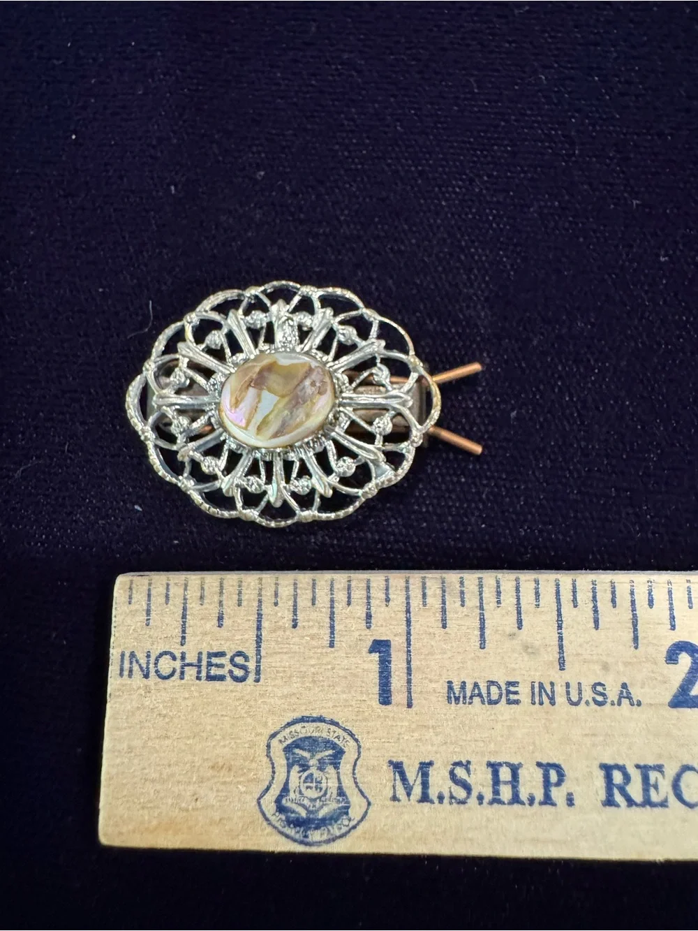 Silver tone Filigree Oval Hairpin with Abalone Center - Women Jewelry